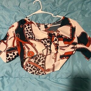 SHEIN Orange and Black Crop Blouse with Tie Front and Peter Pan Collar